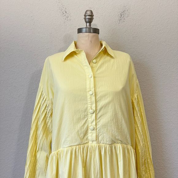 GIRL AND THE SUN Long Sleeve Lined Maxi Shirt Dress in Pale Yellow - Picture 2 of 14